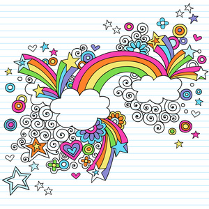 手绘的迷幻彩虹 云 和明星笔记本涂鸦