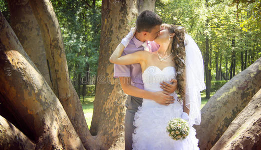 年轻的新婚夫妇在公园里接吻图片