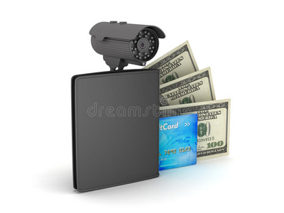美元，钱包，信用卡和视频监控摄像头