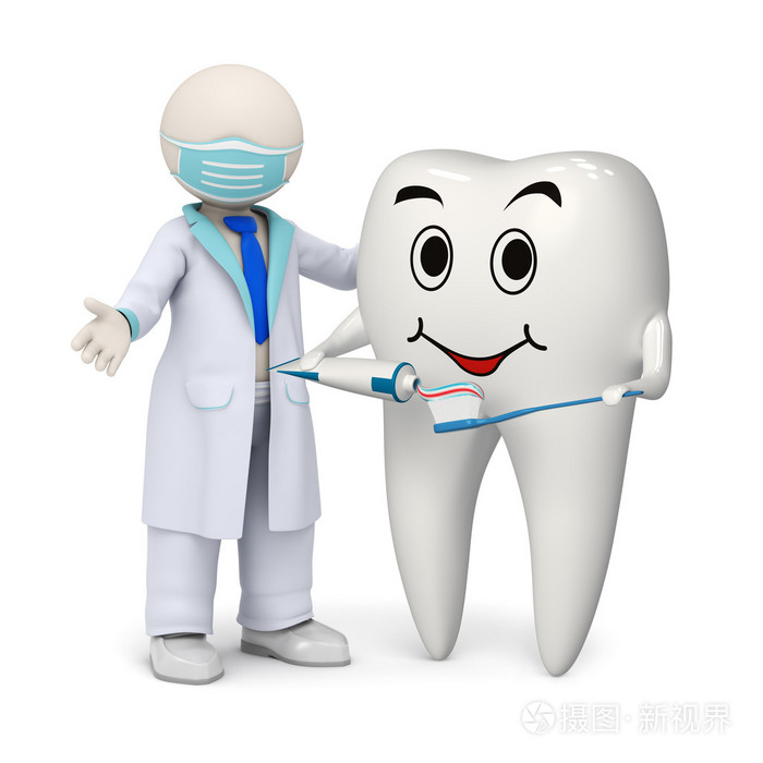 3d 牙医与微笑牙齿和牙刷