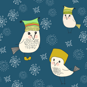 冬季无缝模式与鸟在帽子和雪花