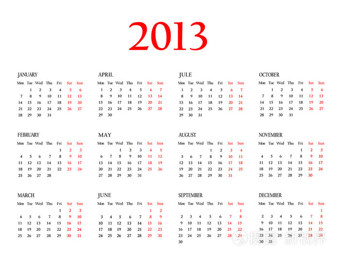 日历 2013年。模板