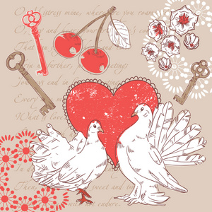 情人节浪漫复古明信片与心和鸽子