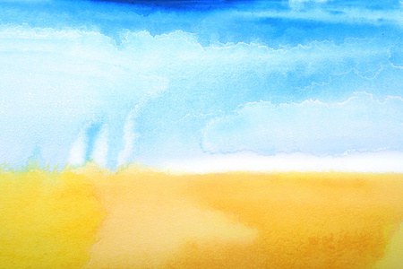 抽象水彩画的纹理背景 黄色 蓝色 棕色和白色图案夏季主题景观