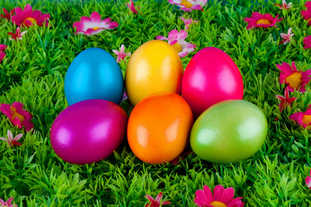 多彩绘的复活节彩蛋位于一个草甸与鲜花