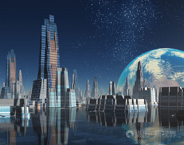 外星世界的未来派月球基地城市
