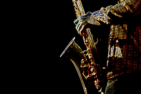 在 sax 玩的男性 saxophonis 的程式化的照片