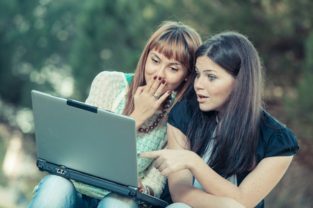 计算机在公园的两个年轻妇女