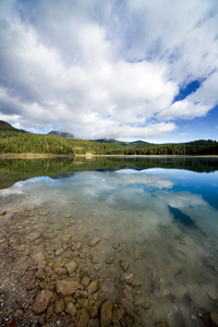山湖滑水反射在光滑的水中的高山湖泊反射