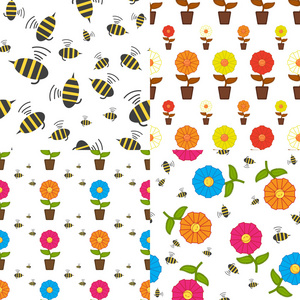 向量组的无缝纹理与卡通花朵和蜜蜂