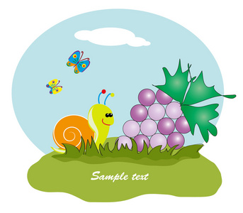 绘图与蜗牛在草里的水果。矢量