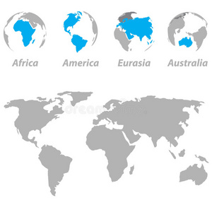 世界地图，突出显示了全球各大洲