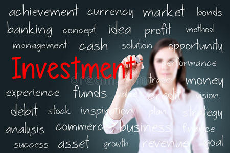 商业女性写投资概念。蓝色背景。