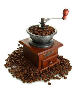 与白色上孤立的咖啡豆咖啡研磨机