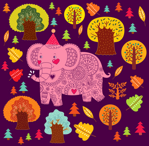 与有趣的大象和树木的卡通插图