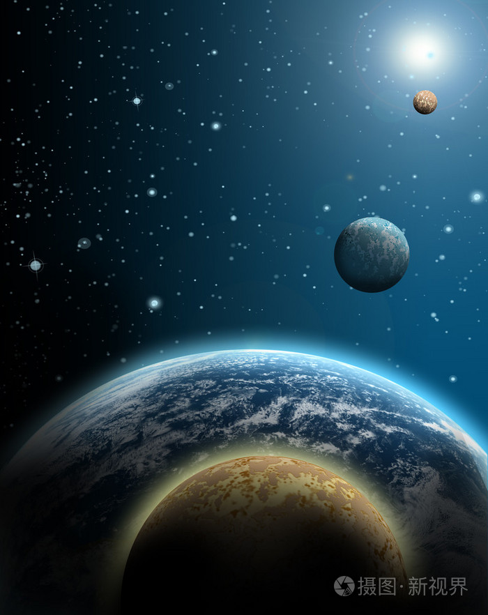 日出背景的恒星和行星的游行的星球