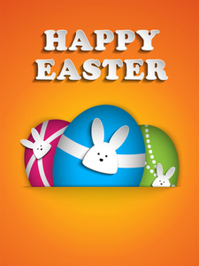橙色背景上的快乐复活节兔子兔子
