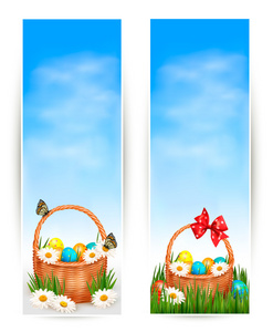购物篮和鲜花的复活节彩蛋复活节横幅。矢量