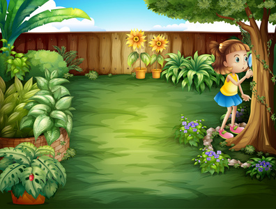 一个小女孩，学习在花园里的植物