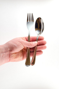 拿叉子和勺子孤立在白色背景上的手