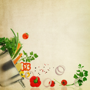食谱的模板。关于织物纹理的新鲜蔬菜