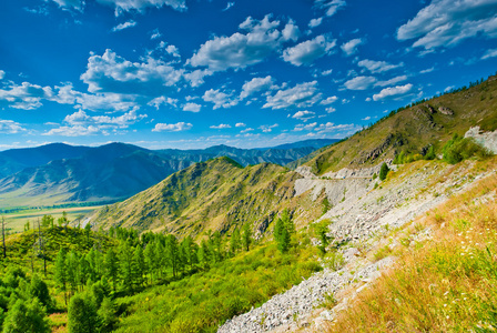 在阳光明媚的天气夏天山风景。阿尔泰