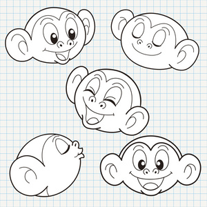 矢量涂鸦可爱的猴子脸集合