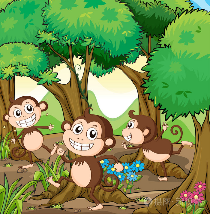 三只猴子在森林里玩了