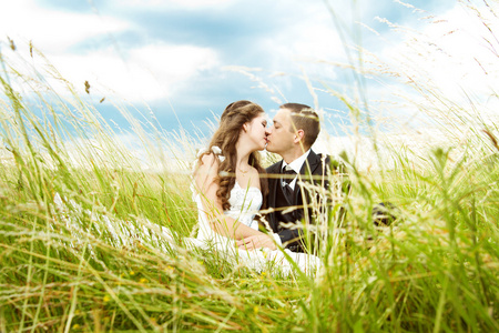 在阳光明媚的草地亲吻新娘和新郎