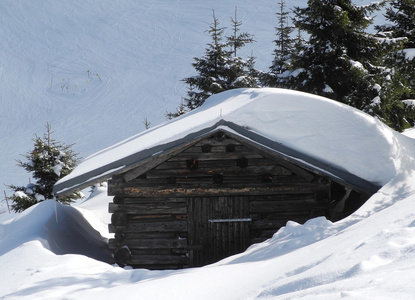 被雪覆盖的被遗弃的山小屋