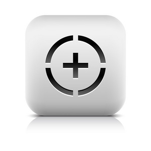 石头的 web 按钮加上圆圈符号中的符号。白色圆角的方形图标，带黑色阴影和灰色反射在白色背景上。矢量图线中的网格技术和保存在 8