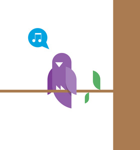 在树分支与音乐笔记上唱歌紫鸟