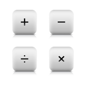 白色的石头上的数学符号的 web 2.0 按钮。光滑圆角正方形形状与阴影和反射在白色背景上。网格技术