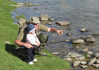 父亲和女儿河上钓鱼