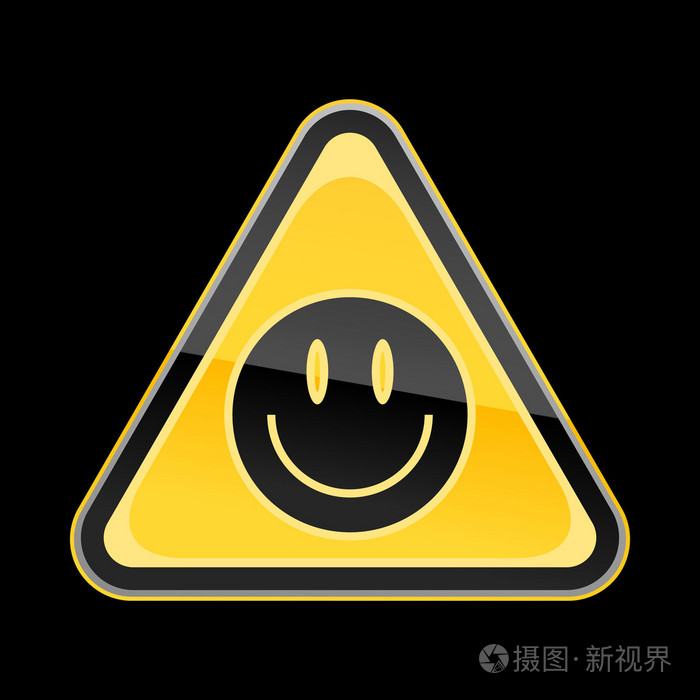 与黑色笑脸符号在黑色背景上的金黄色危险警告标志