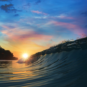打开水景观粗糙彩色的海洋波浪破碎在日落时间