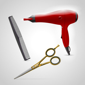 矢量理发店图标。剪刀梳子和吹风机