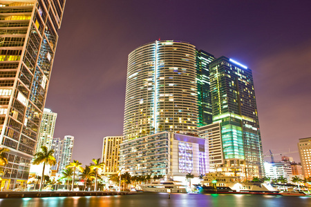 市中心的迈阿密市的佛罗里达州多彩夜景全景