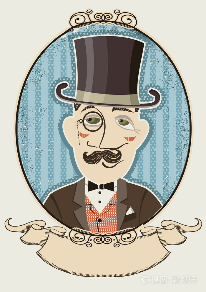 复古绅士画像在 vintag 一顶黑色 hat.vector 男子