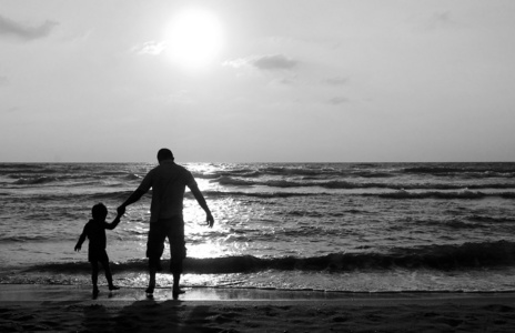 父亲和儿子在海上日落时的散步