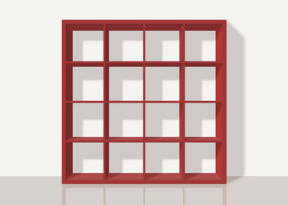 红色空方形书架上白墙背景