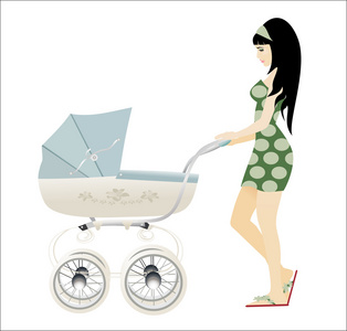 年轻的母亲和蓝色婴儿车散步