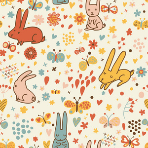 可爱的兔子和向量的蝴蝶。好幼稚的背景。无缝模式可以用于壁纸 图案填充 web 页面背景，表面纹理