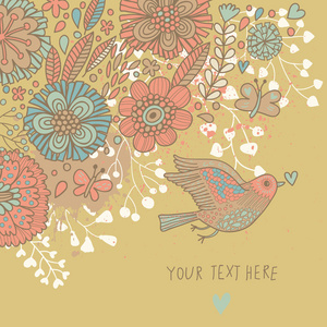 多彩复古背景。蜡笔色花卉壁纸与鸟和蝴蝶。在矢量卡通浪漫卡