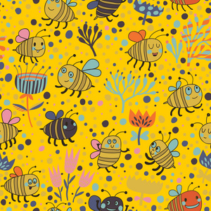 明媚春天无缝模式蜜蜂和花。无缝模式可以用于壁纸 图案填充 web 页面背景，表面纹理。华丽无缝花卉背景