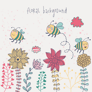 幼稚矢量背景。蜜蜂和花在现代的颜色