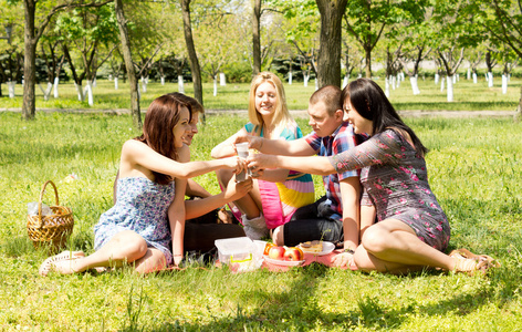 一组吸引年轻朋友野餐