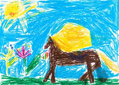 孩子的画马吃草草甸