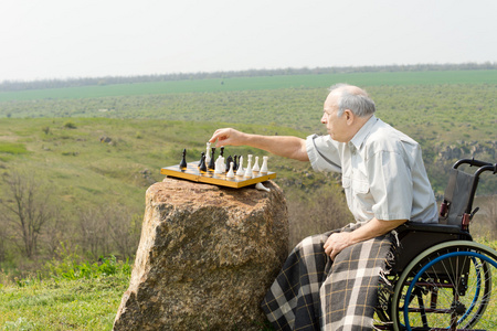 老人坐在轮椅上下棋