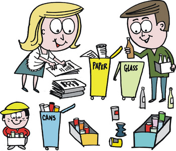 矢量卡通的家庭回收纸张 瓶和罐